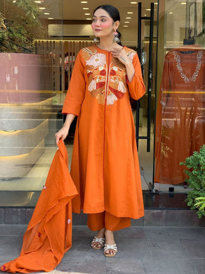 Orange Chanderi Silk Heavy Thread Embroidery Work Kurta Pant Set