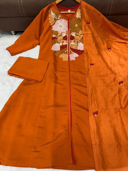 Orange Chanderi Silk Heavy Thread Embroidery Work Kurta Pant Set