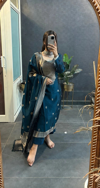Groovy Blue Pure Heavy Designer Chanderi Silk Suit Set