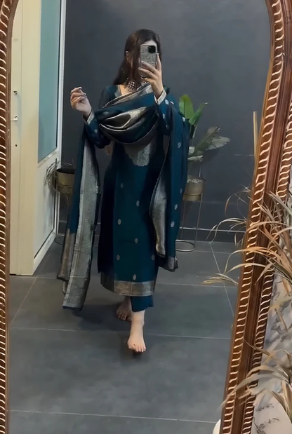Groovy Blue Pure Heavy Designer Chanderi Silk Suit Set
