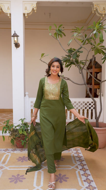 Moss-Green Tissue With Floral Print and Embroidery Kurta Set