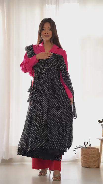 Stunning Black Laheriya Print Georgette Anarkali Suit with Dupatta