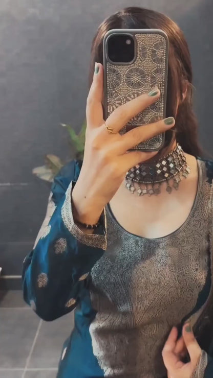 Groovy Blue Pure Heavy Designer Chanderi Silk Suit Set