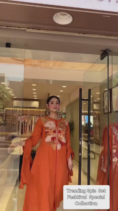 Orange Chanderi Silk Heavy Thread Embroidery Work Kurta Pant Set