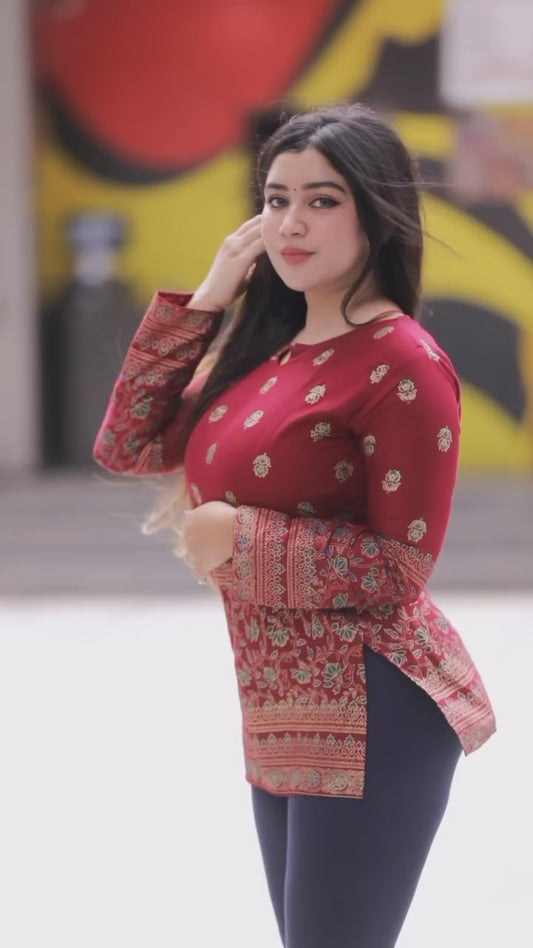 Maroon Jewish Cotton Printed Short Kurti