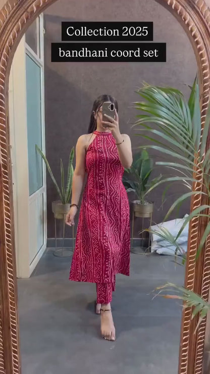 Festive Fusion Crimson Red Bandhani Halter Coord Set